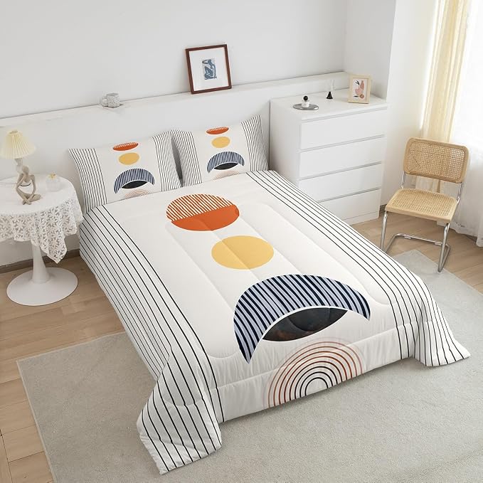 Erosebridal Modern Moon Print Comforter Set King Mid Century Bedding Set, Abstract Art Bedding Comforter Sets Geometric Stripe Duvet Sets, Aesthetic Quilted Comforter