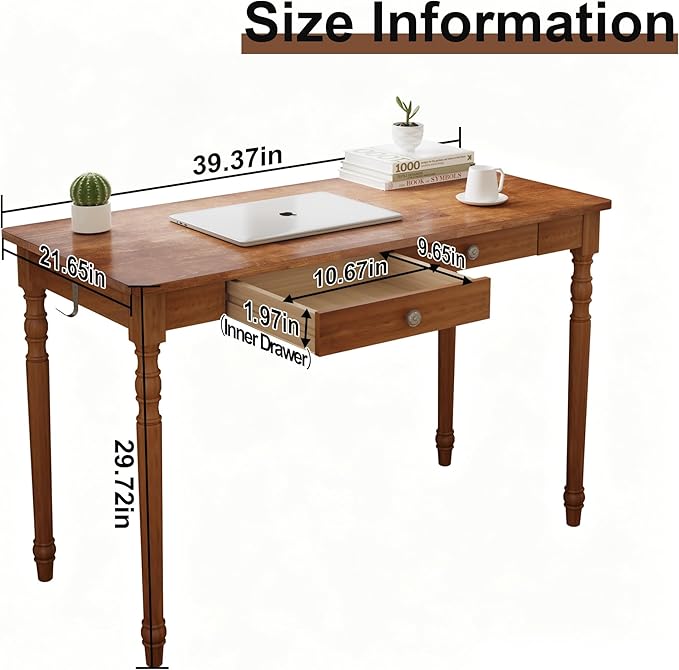 Solid Wood Writing Desk with Drawers - 39.4" Small Wood Vintage Desk, Mid Century Modern Desks, Wooden Computer Desks for Home Office, Traditional Vanity Dressing Table for Bedroom, Walnut
