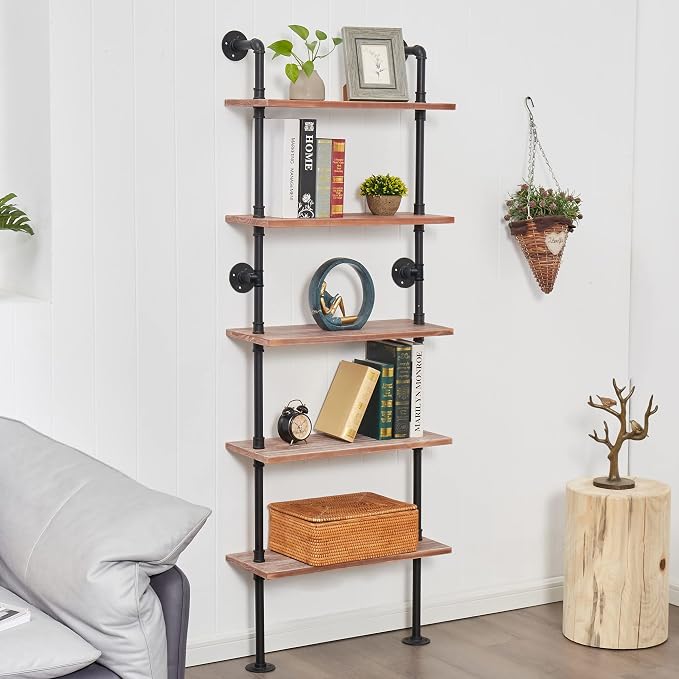 5 Tier Industrial Ladder Bookshelf, Wall Mounted Wood Metal Rustic Pipe Shelves (Weathered Brown, 5 Tier - 10" D x 24" W x 70" H)