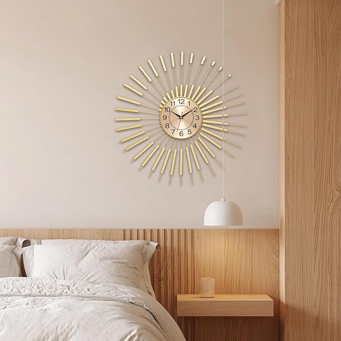 Gold Wall Clock Decor Silent 24" Battery Operated, Mid Century Modern Decorative Clock Metal Hanging for Living Room Bedroom Office