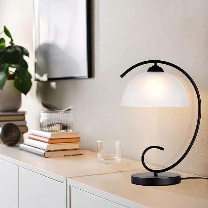 Modern Table Lamp for Bedroom, 17.5" Tall Plug-in Bedside Lamp with Frosted Glass Dome Shade, Sand Black Metal Base, E26 Socket, Corded with Switch – Perfect Nightstand & Desk Lamp (No Bulb)
