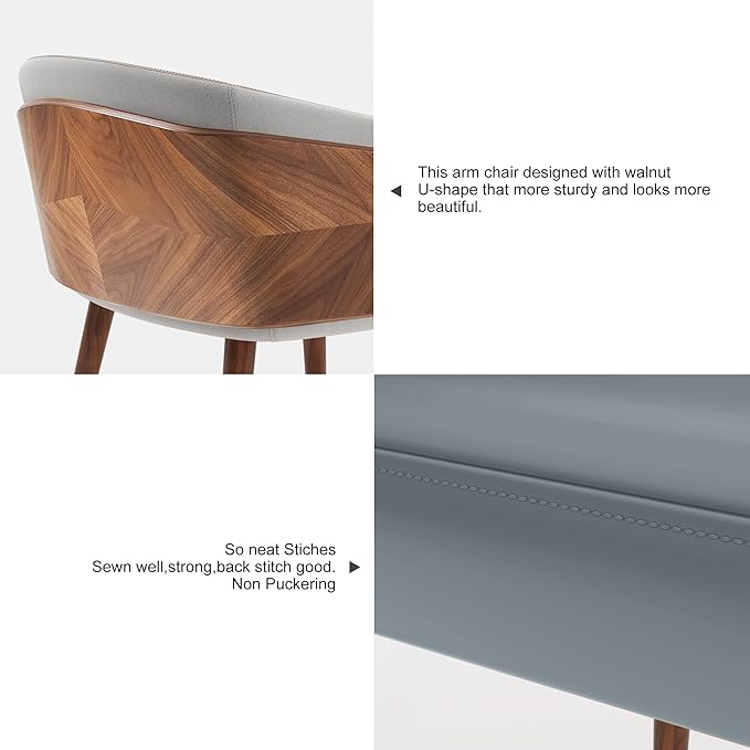 ARTPLAN Modern Upholsted Accent Dining Chairs,Mid-Century Faux Leather with Walnut for Kitchen,Office Waiting Room Arm Sitting Chair, Beech Legs Dissassembly Adjustable Feet,Steel Gray