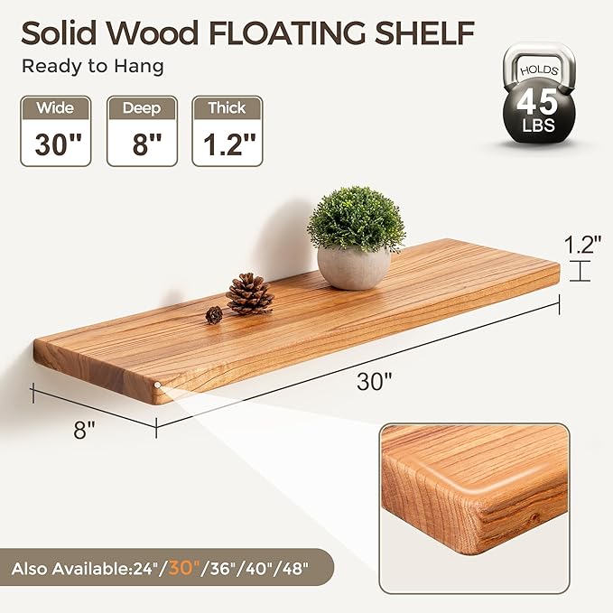 Fun Memories 30 Inch Floating Shelves, Rustic Solid Wood Wall Shelves Set of 2, 8 Inch Deep Floating Shelf for Bathroom, Bedroom, Heavy-Duty Wooden Shelf Wall-Mounted for Home Decor & Storage
