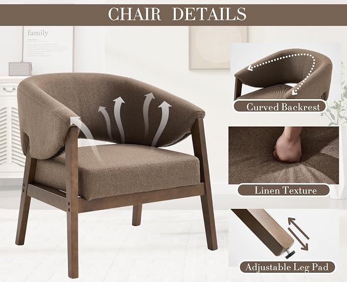 CIMOTA Mid-Century Modern Accent Chairs Set of 2, Comfy Barrel Armchairs with Wide Seat, Upholstered Lounge Chairs with Walnut Wood Legs for Living Room/Bedroom/Reading Corner, Linen Fabric, Brown