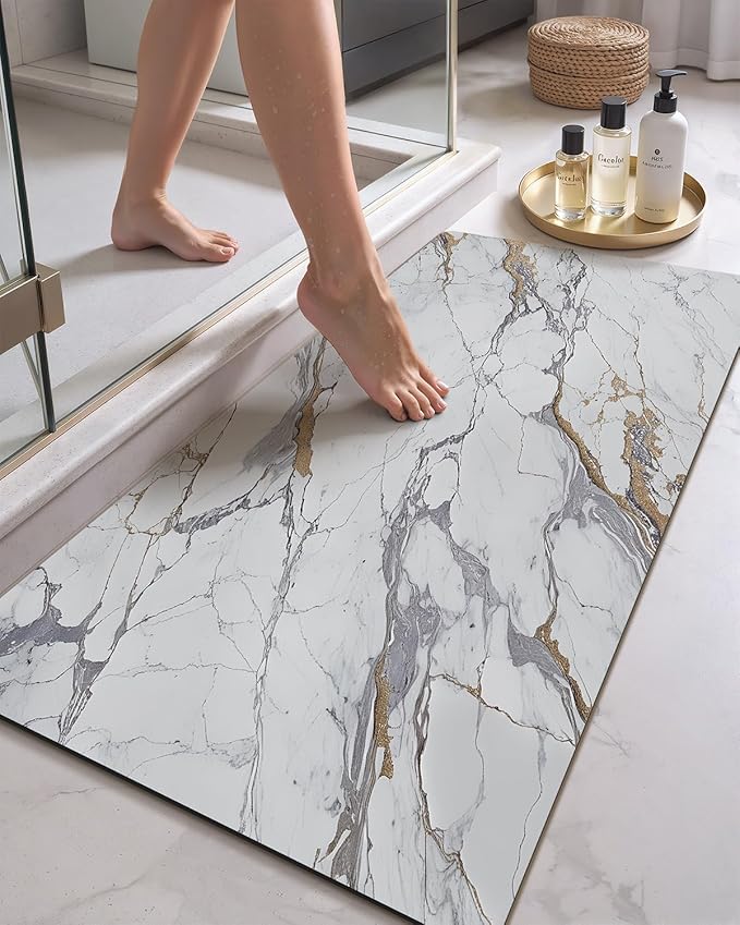 Color&Geometry Ultra Thin Bath Mat, Non Slip Quick Dry Rugs,Absorbent Marble Bathmat,24"x36",Washable Rubber Mats for Shower Floor,in Front of Bathtub,Bathroom Decor,Gray and Gold Marble-Patterned