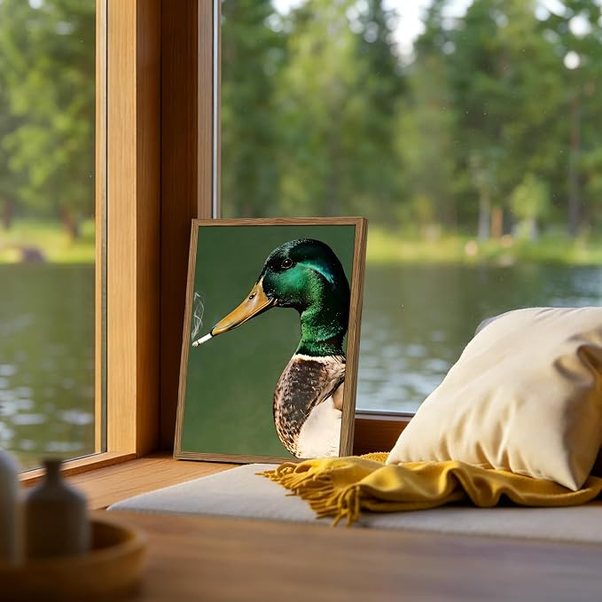 Funny Mallard Duck Wall Art Vintage Cottagecore Duck Wall Decor Painting, Whimsical Animal Poster Canvas Print Picture for Living Room Bedroom 12x16 inch Wood Framed
