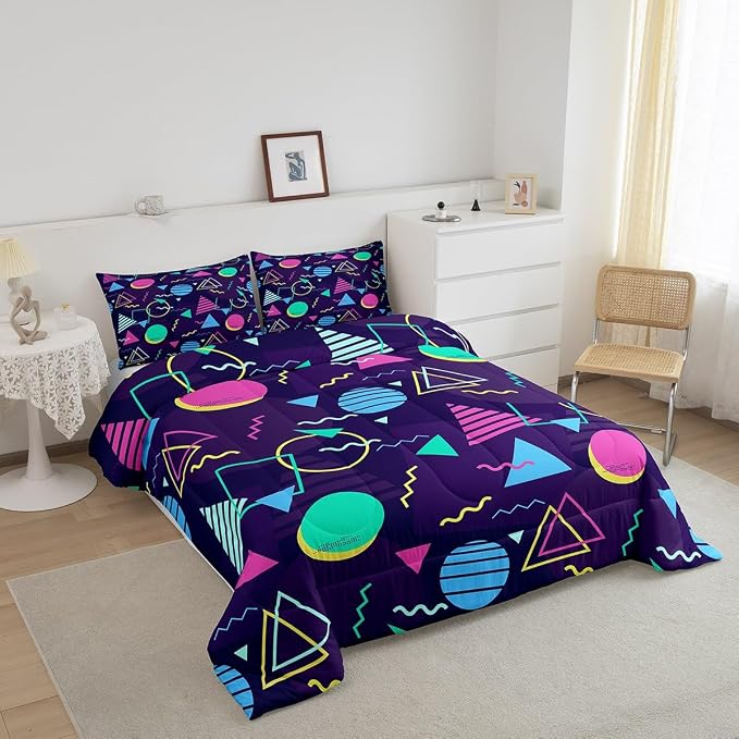 Manfei Memphis Comforter Set King Size, Retro 80s or 90s Fashion Style Bedding Set 3pcs for Kids Boys Girls, Geometric Triangle Circle Quilt Set Soft Polyester Duvet Set with 2 Pillowcases