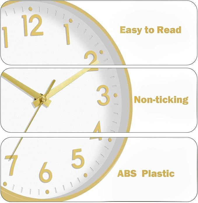 Mosewa Wall Clock 12 Inch, Battery Operated Silent Non-Ticking Modern Analog Clock Decorative for Kitchen, Bedroom, Office, Living Room(White Gold)