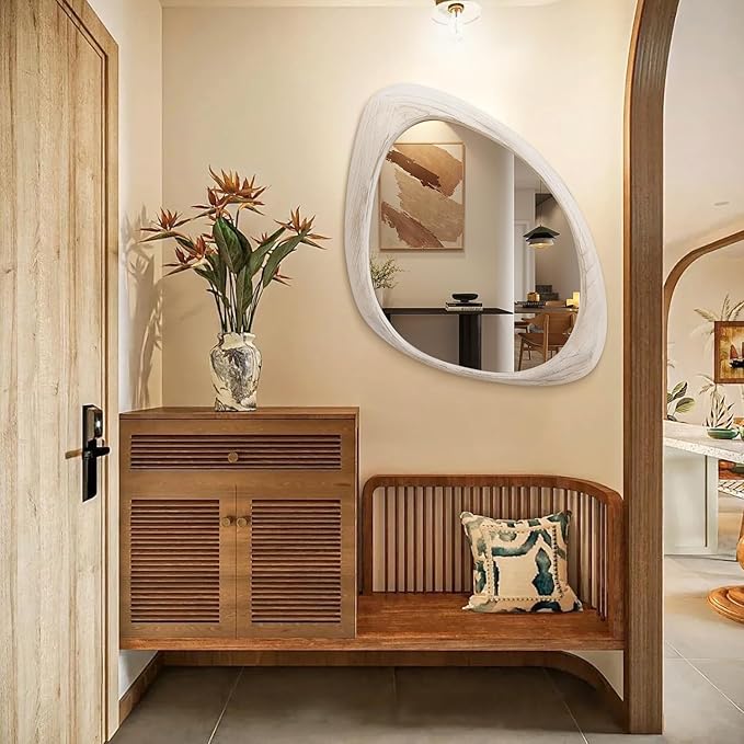 AAZZKANG Irregular Wooden Wall Mirror 28"x20" Asymmetrical Large Hanging Mirrors for Bedroom Living Room Entryway Bathroom Farmhouse Home Decor