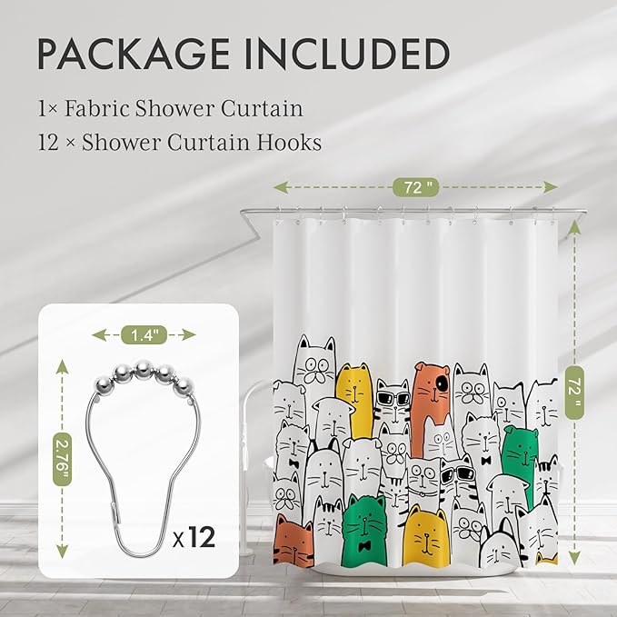 AmazerBath Shower Curtain, Washable Cute Kitty Carnival Cloth Shower Curtain Set with 12 Metal Hooks, Kawaii Waterproof Fabric Black and White Shower Curtain for Kids' Bathroom, 72x72 Inches