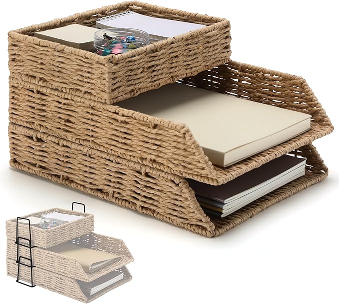 Geelin 3 Pack Paper Rope Woven Stackable Desk Organizer Letter Tray, Primary Color Tabletop Desk Basket for Storage Paper Letter Folders Notebooks Copy Print, Workspace Holder