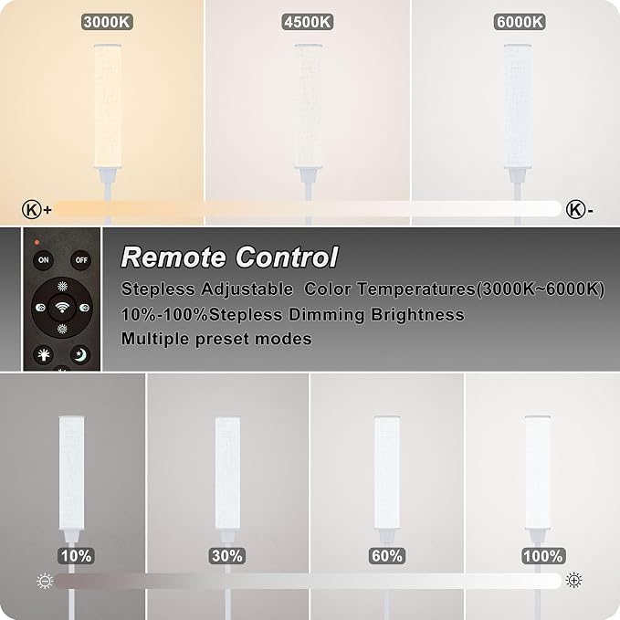 Nukanu Floor Lamp with Remote Control, Floor Lamps for Living Room/Bedroom/Office, Stepless Adjustable 3000K-6000K Colors and 10-100% Brightness,Standing Light with Foot Switch (White+Beige Linen)