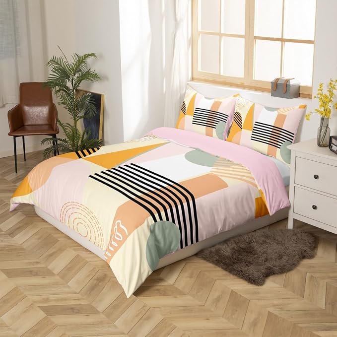 Erosebridal Pink Yellow Abstract Duvet Cover Full Size for Kids Teens Girls | Colorful Geometric Comforter Cover Minimalist Circle Modern Bedding Set Boho Contemporary Aesthetic Bed Set