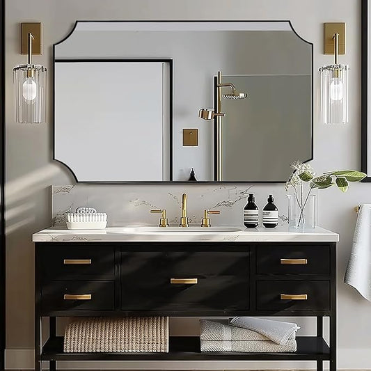 ANDY STAR 30x48 Inch Mirror, Matte Black Bathroom Vanity Mirror, Scalloped Rectangle Mirror in Premium Stainless Steel Metal Thin Frame Deep 1", Large Wall-Mounted Mirror (Horizontal/Vertical)
