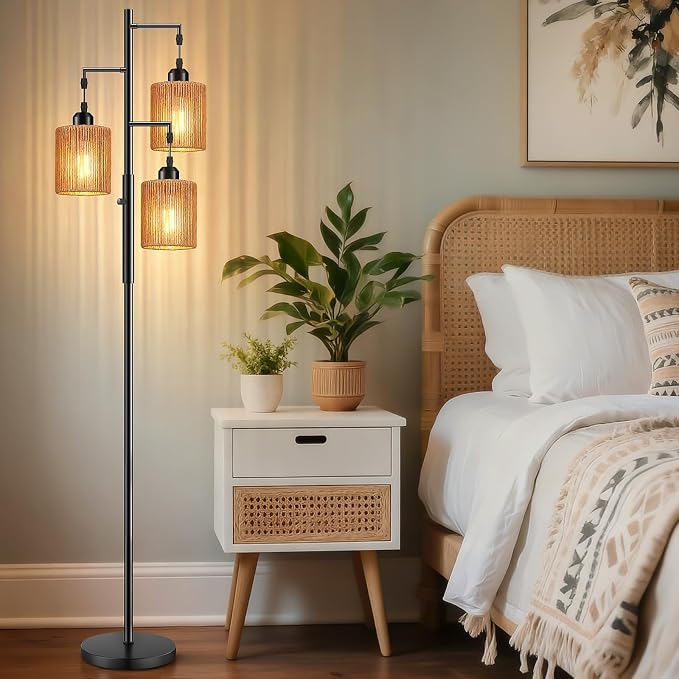 Hotsonic 72" Tall Boho Rattan Style Floor Lamp with Hand-Woven Paper Cord Shade, Dimmable Industrial Tree Standing Lamp for Living Room, Bedroom, Study Room, Office (3 x 800LM Bulbs Included) - Black