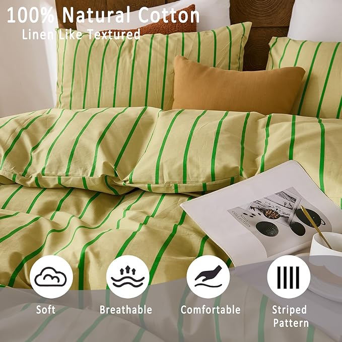 Merryword Striped Duvet Cover Set King Size - 100% Cotton Duvet Cover Set, Khaki & Green Stripes Pattern Comforter Cover 3 Pieces, Soft Linen Like Bedding Set for All Seasons