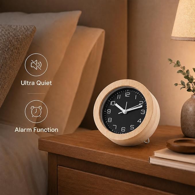 Analog Alarm Clock 5" Silent Non-Ticking Small Solid Wood Desk Clocks Battery Operated Simple Style Retro Table Clock for Office/Bedroom/Kitchen/School/Bedside/Shelf (Light Wood, Circular)