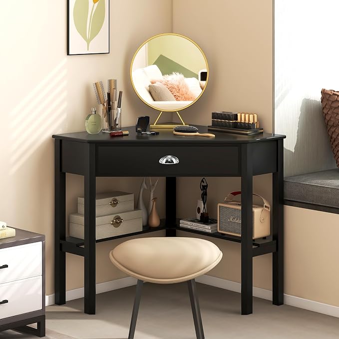 Nightcore Corner Desk for Small Space, Wood Corner Computer Desk, Compact Writing Table w/Drawer & Storage Shelves, Space Saving Study Workstation, Laptop PC Corner Table for Home Office