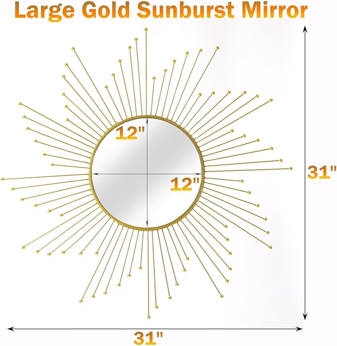 Large Gold Sunburst Mirror - 31" Starburst Wall Mirror with 12" Round Glass, Mid-Century Modern Elegant Gold Sun Mirrors for Living Room, Bedroom, Entryway Decor