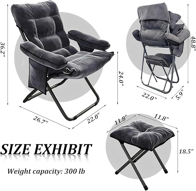 Lazy Chair with Ottoman, Lazy Sofa Back Chair,Foldable Modern Lounge Accent Chair with Armrests and a Side Pocket, Leisure Upholstered Sofa Chair Set, Reading Chair with Footrest for Small Space
