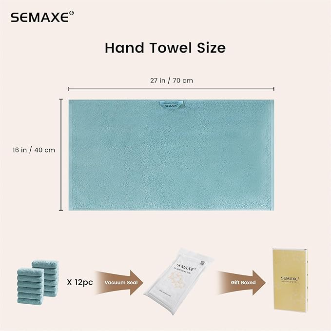 SEMAXE 12 Pack Hand Towels for Bathroom, 100% Cotton Towels with Hanging Loops, Soft and Highly Absorbent, Hand Towel Set for Gym, Shower, Hotel, Spa and Kitchen, Blue