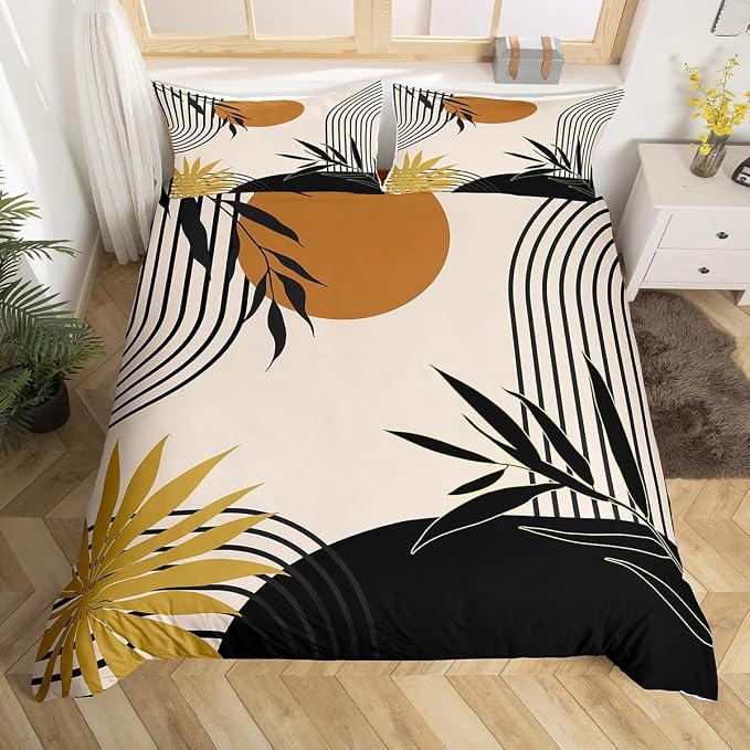 Erosebridal Mid Century Black Gold Duvet Cover Queen for Kids Teens Adults,Abstract Geometric Comforter Cover,Mid Century Boho Bedding Set,Minimalist Aesthetic Bed Set 3 Pcs Bedroom Decor