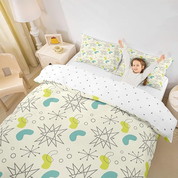 Hippie Minimalism Comforter Cover Fifties Old Fashion Bed Set, Abstract Atomic Art Duvet Cover Queen Size Beige Teal Aesthetic Bedding Sets, Modern Mid Century Bedspread Cover with 2 Pillowcase