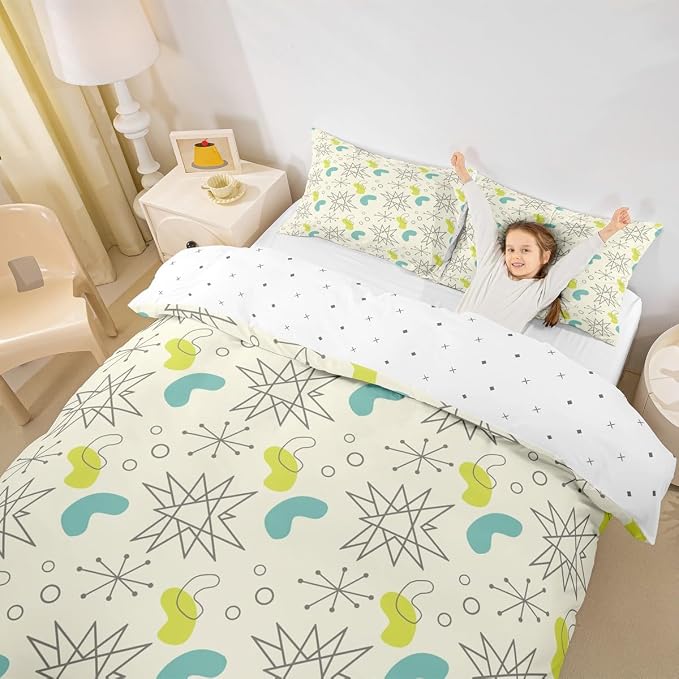 Erosebridal Hippie Minimalism Bedding Sets King Fifties Old Fashion Comforter Cover, Abstract Atomic Art Bed Set Beige Teal Aesthetic Duvet Cover, Modern Mid Century Quilt Cover with 2 Pillowcase