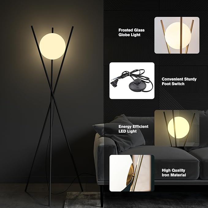 Ozarke Solstice Modern Frosted Glass Globe Floor Lamp (165cm) Contemporary LED Dimmable Lighting for Bedroom, Living Room, Hotel & Home Office (Black)