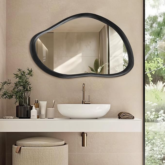 35"x24" Wood Bathroom Mirror Wall Mounted, Black Irregular Wall Mirror, Rustic Farmhouse Vanity Mirror for Bedroom Living Room Bathroom Entryway, Horizontal/Vertical