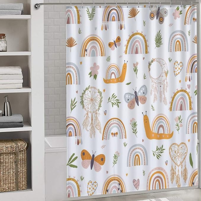 Rainbow Shower Curtain for Bathroom, Kids Girls Baby Cute Lovely Retro Vintage Boho Rainbow Pastel Aesthetic Bohemian Waterproof Fabric Shower Curtain Set with Hooks, 72"x84" Inch