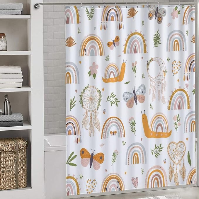 Rainbow Shower Curtain for Bathroom, Kids Girls Baby Cute Lovely Retro Vintage Boho Rainbow Pastel Aesthetic Bohemian Waterproof Fabric Shower Curtain Set with Hooks, 72"x84" Inch