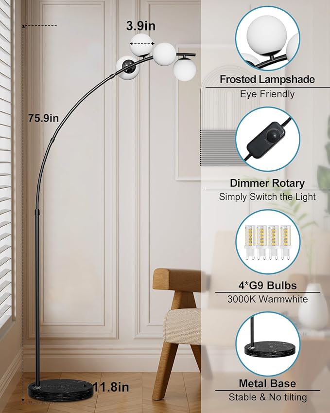 Lightdot Black Arc Floor Lamp for Living Room, 4 Globe Floor Lamp with Shatterproof Shade& Mable Base, Mid Century Modern Tall Standing Lamp for Bedroom/Sofa Beside/Corner Decor(Bulbs Included)