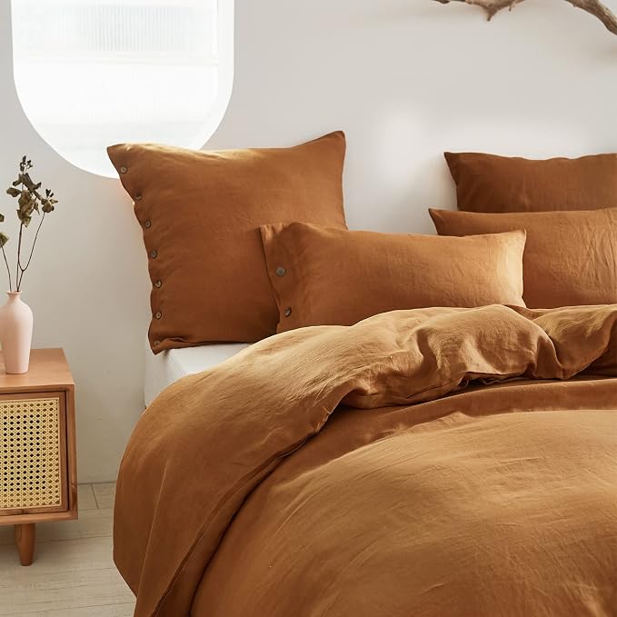 Simple&Opulence 100% Linen Euro Shams with Coconut Button (26'' x 26'') - Pack of 2 - Washed Solid Color Natural Flax Soft Breathable - Rust