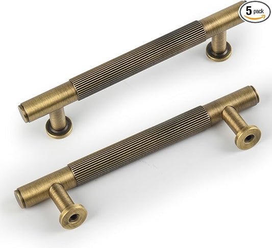 5 Pack Antique Brass Kitchen Cabinet Pulls, 3-3/4 Inch Solid Brass Dresser Drawer Handles， Modern Door Pulls for Cupborard Wardrobe Closet Vanity Furniture Hardware