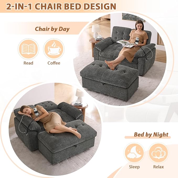 Oversized Chaise Lounge Chair Indoor, Double Convertible Recliner Reading Arm Sofa Chair W/Adjustable Backrest & Charging Port Couch Bed for Living Room, Home Theater & Bedroom, Grey