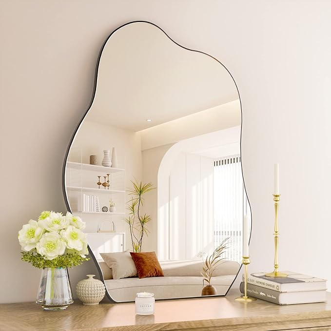 HARRITPURE Irregular Bathroom Mirror 22"x32" Black Modern Wall Mirror Wood Framed Asymmetrical Decorative Mirrors for Bedroom Living Room Entryway
