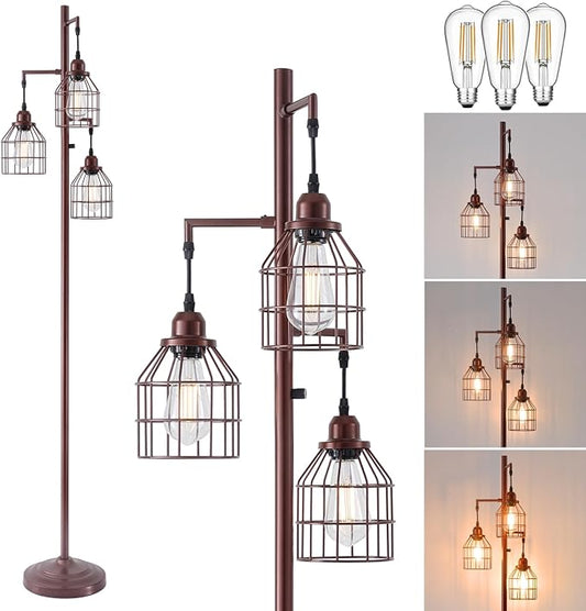 9MMML Floor Lamp for Living Room, Farmhouse Industrial Dimmable Floor lamp, 3 Lights Metal Cage Tree Standing Lamp,68", 3Pcs LED Bulbs Included