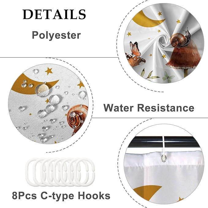 Baocicco Mushroom Shower Curtain Cute Retro Mushrooms Butterfly Snails Botanical Moon Stars Shower Curtains Decorative for Bathroom Waterproof Fabric Shower Curtain with Hooks 48x72 Inches