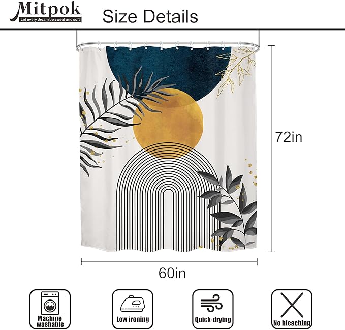 Navy Blue Boho Shower Curtain 60Wx72H Modern Bohemian Mid Century Abstract Gold Leaves Minimalist Geometric Plant Bathroom Decor Neutral Botanical Bath Curtain Fabric Polyester 12 Pack Hooks