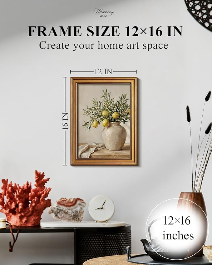 HUARCEY Gold Framed Vintage Wall Art for Living Room, Flowers Painting Prints Shelf Decor for Kitchen, Aesthetic Bedroom Wall Art, Best Gifts for Friends or Family - Lemon and Olive 16L x 12W