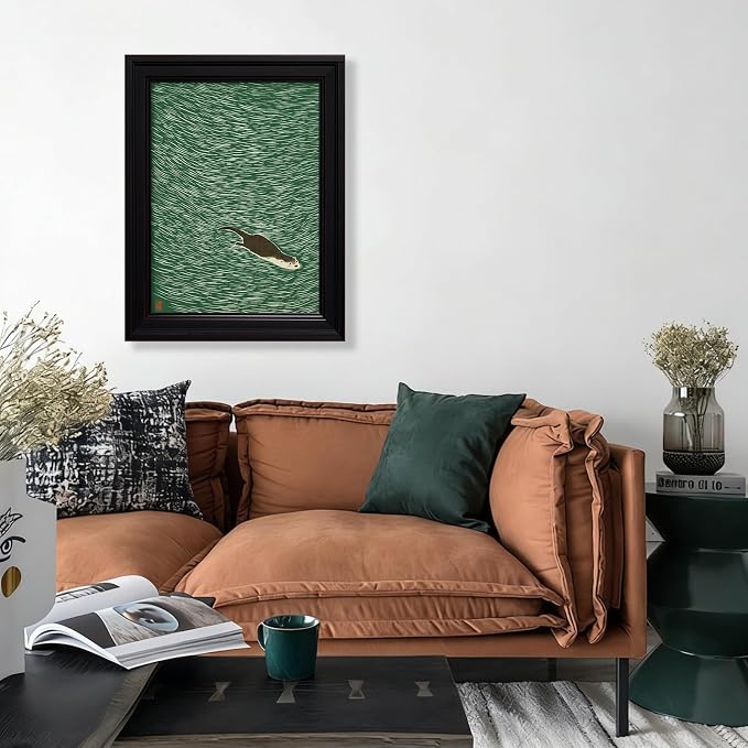 Vintage Framed Japanese Otter Swimming Poster Funny Nature Wild Animal Pictures Retro Minimal Green Water Canvas Wall Art for Living Room Bedroom Bathroom 12x16 inch