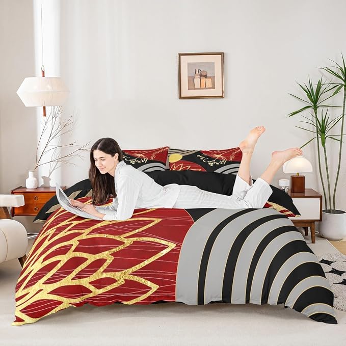 Erosebridal Red and Black Modern Duvet Cover King Size for Minimalist | Abstract Mid Century Comforter Cover Bohemian Leaf Floral Botanical Bedding Set Aesthetic Modern Geometric Bed Set