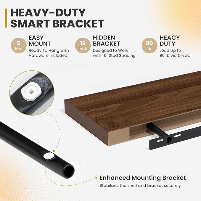 55 Inch Floating Shelves, 9.3" Deep Floating Shelf Wall Mounted, 56" Wall Shelves, Rustic Deep Bookshelf, Large Display Shelves & Storage Shelves for Bedroom, Living Room, Walnut, Set of 2