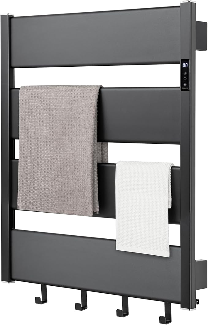 K&KALONZO Smart Electric Towel Warmer with 3-Level Timer & Temp Control, 2H Rapid Dry Aerospace Aluminum Heated Towel Rack, Hardwired/Plug-in Wall Mounted Towel Heater with 4 Hooks, Black, H4-B