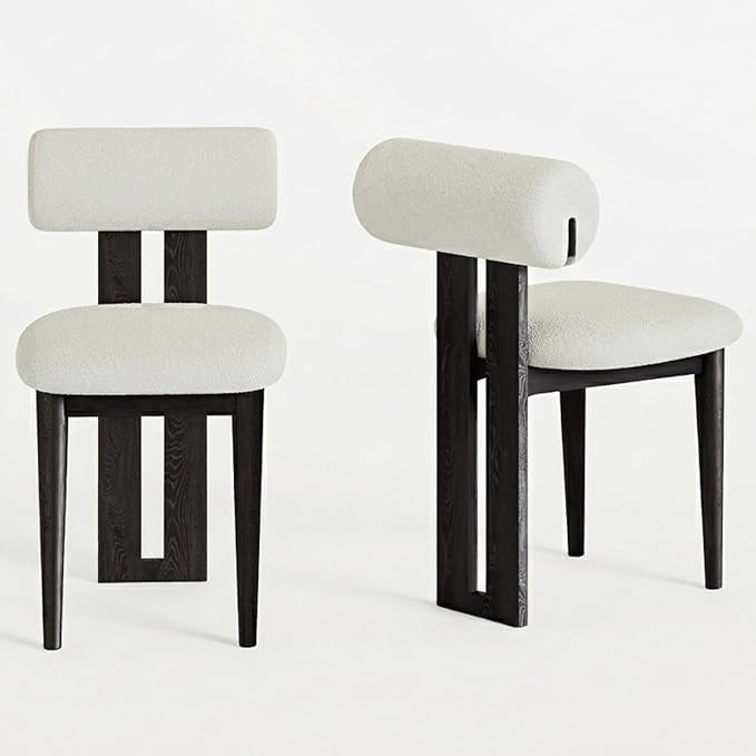 Upholstered Kitchen & Dining Room Table Chairs Set of 2, Solid Wood White Mid Century Dining Chairs with Boucle Upholstery, Cylindrical Backrest for Vanity, Living Room, Office, White & Black