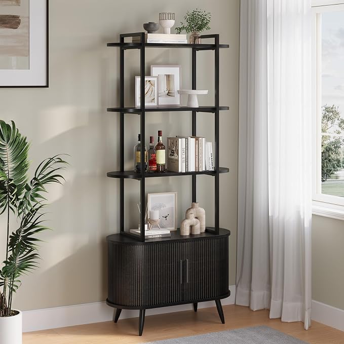 Airynee 69'' Tall Bookshelf, 4-Tier Fluted Bookshelf, Storage Cabinet with Sliding Tambour Doors, Modern Bookcase with Adjustable Footpad & Metal Frame, for Living Room Home Office, Black