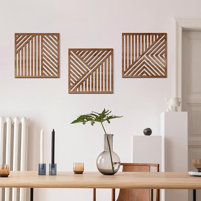 Bnesi 3 Piece Abstract Geometric Wood Wall Art Decor Modern Boho Minimalist Slatted Design Wall Sculpture Art Decor for Living Room Bedroom Home Bathroom (Classic, Medium)