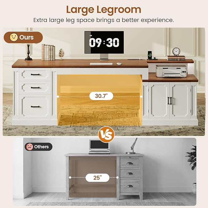 SEDETA Farmhouse 70.9" Executive Desk, Home Office Desk with File Drawers and Storage Cabinet, Computer Desk with Power Outlet for Home Office, Work Study Writing, White+Brown