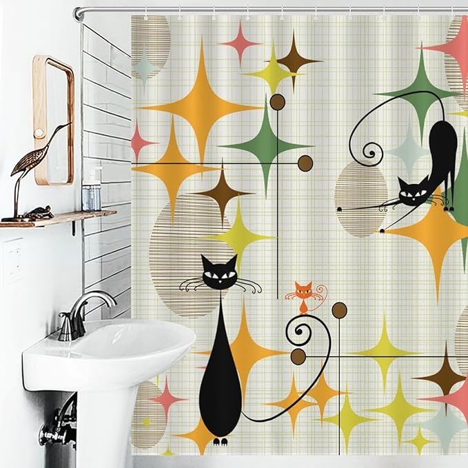 Mid Century Modern Shower Curtain for Bathroom, Rustic Star Abstract Geometric Black Cat Atomic Kittey Pastel Vintage 1950s 1960s Waterproof Fabric Shower Curtain Set with Hooks, 72"x84"